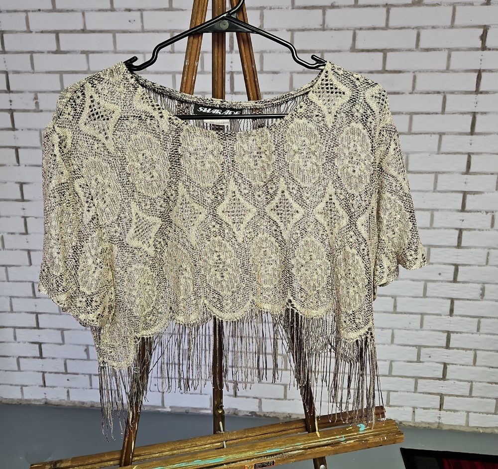 Sharagano Beige and Black Cropped Fringe Knit Top